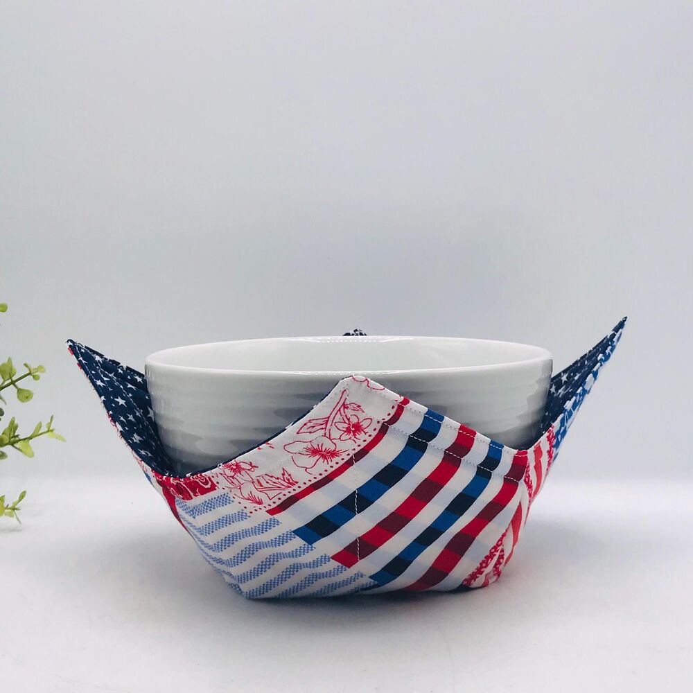 Microwave Soup Bowl Cozy: Reversible, Patriotic Patchwork Red White Blue